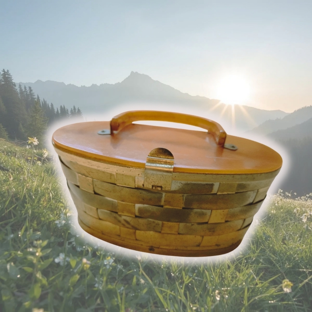 Woven Metal Basket with Caramel Lucite Lid Vintage